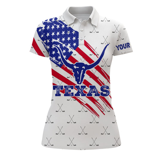 Texas Flag Longhorn Womens Golf Polo Shirts, Custom Patriotic Golf Shirts For Women, Best Golf Gifts LDT0071