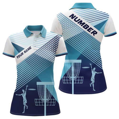 Disc Golf Silhouette White Blue Womens Polo Shirt Personalized Cool Disc Golf Tops For Women LDT0609