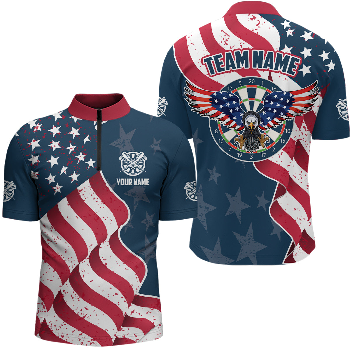 Custom Eagle Waving American Flag Darts Quarter-Zip Shirt Patriotic Dart Jersey For Men LDT0360