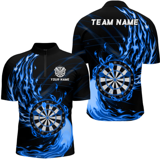 Blue Fire Dartboard Mens Darts Quarter Zip Shirt Custom Darts Shirt For Men Dart Jerseys LDT1472