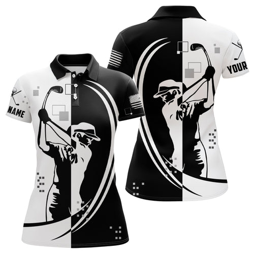 Us Flag Womens Golf Polo Shirts, Black And White American Flag Golf Shirts For Women, Golf Gifts LDT0108