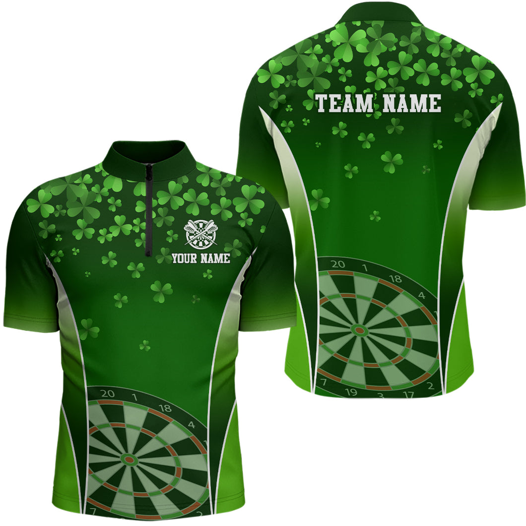 3D Green Clovers Patrick Day Mens Darts Quarter Zip Shirt Personalized Dart Jersey For Men LDT1347