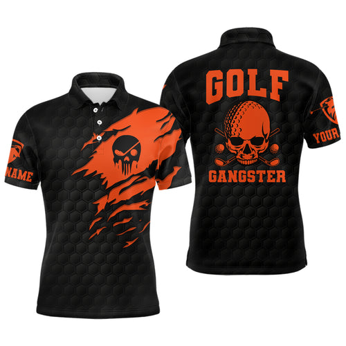 Golf Gangster Skull Mens Polo Shirt Custom Black Orange Golf Pattern Scary Golf Shirts For Men LDT0374