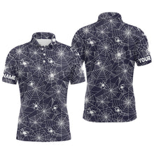 Load image into Gallery viewer, Spooky White Spiders On Cobweb Navy Halloween Golf Polo Shirts Custom Golf Gifts For Men LDT0376