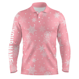 Snowflakes Christmas Golf Mens Polo Shirt Custom Name Pink Golf Shirts For Men Cute Golf Gifts LDT0921