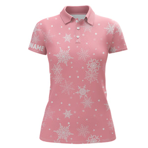 Snowflakes Christmas Golf Polo Shirt Custom Name Pink Golf Shirts For Women Cute Golf Gifts LDT0921