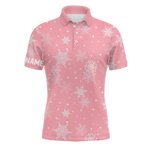 Snowflakes Christmas Golf Mens Polo Shirt Custom Name Pink Golf Shirts For Men Cute Golf Gifts LDT0921