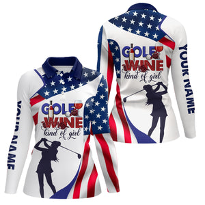 American Flag Womens Golf Polo Shirt Golf Wine Kind Of Girl Golf Shirts For Women Patriotic Golf Gift LDT0131