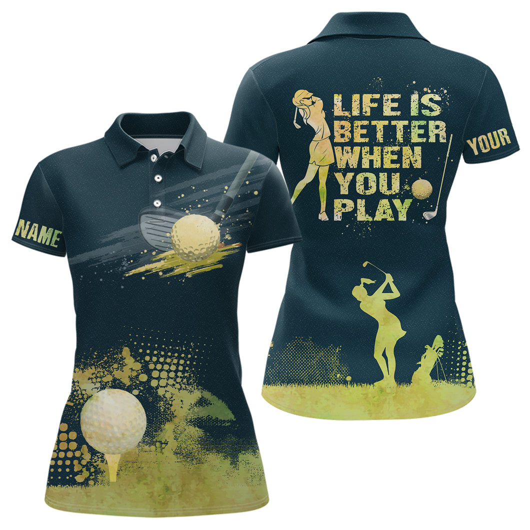 Womens Golf Artistic Wet Paint Polo Shirt, Dark Green Golf Shirts For Womens, Golfing Gifts LDT0143