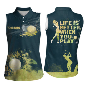 Womens Sleeveless Golf Artistic Wet Paint Polo Shirt, Dark Green Golf Shirts For Women, Golfing Gifts LDT0143