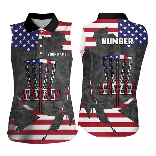 American Flag Womens Sleeveless Disc Golf Polo shirt Patriotic Women Disc Golf Shirts Disc Golf Basket LDT0948