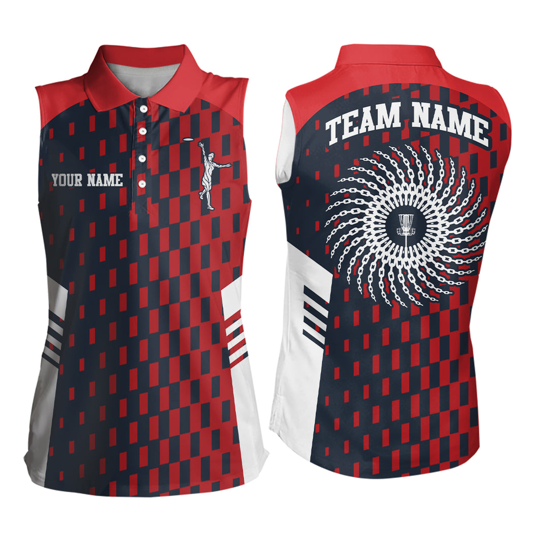 Womens Sleeveless Disc Golf Polo Shirt Red Navy Checkered Custom Disc Golf Shirt For Women Golf Gift LDT0725