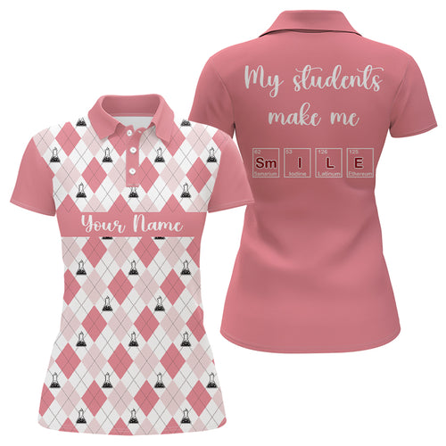 Science Pink Argyle Pattern My Students Make Me Smile Women Custom Golf Polo Shirt Golf Gifts LDT0007