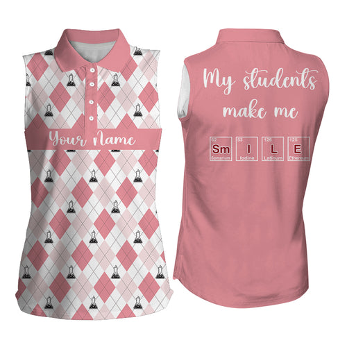 Science Pink Argyle Pattern, My Students Make Me Smile Women Sleeveless Golf Polo Shirt Custom Name LDT0007