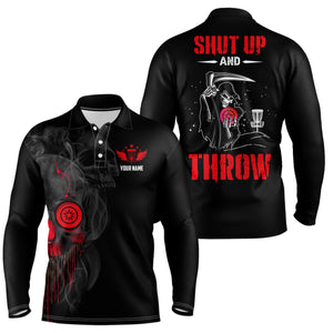 Custom Shut Up And Throw Smoky Skull Red Mens Disc Golf Polo Shirts Scary Golf Gifts For Men LDT0452