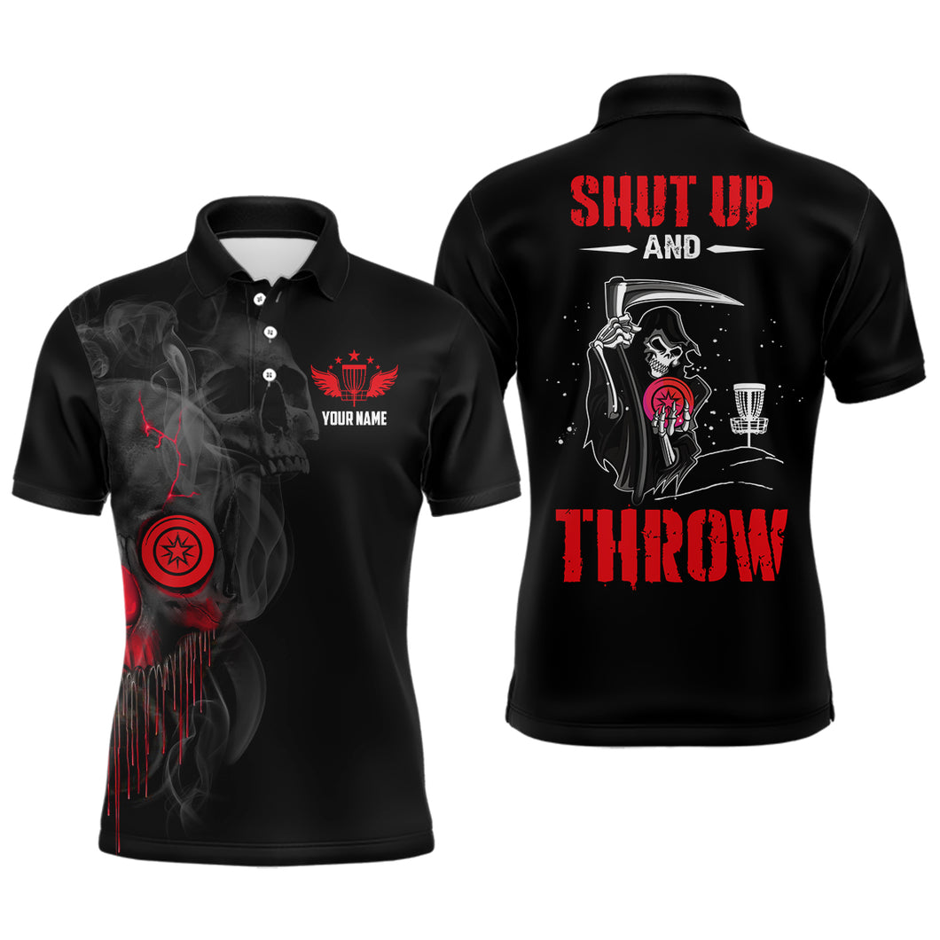 Custom Shut Up And Throw Smoky Skull Red Mens Disc Golf Polo Shirts Scary Golf Gifts For Men LDT0452