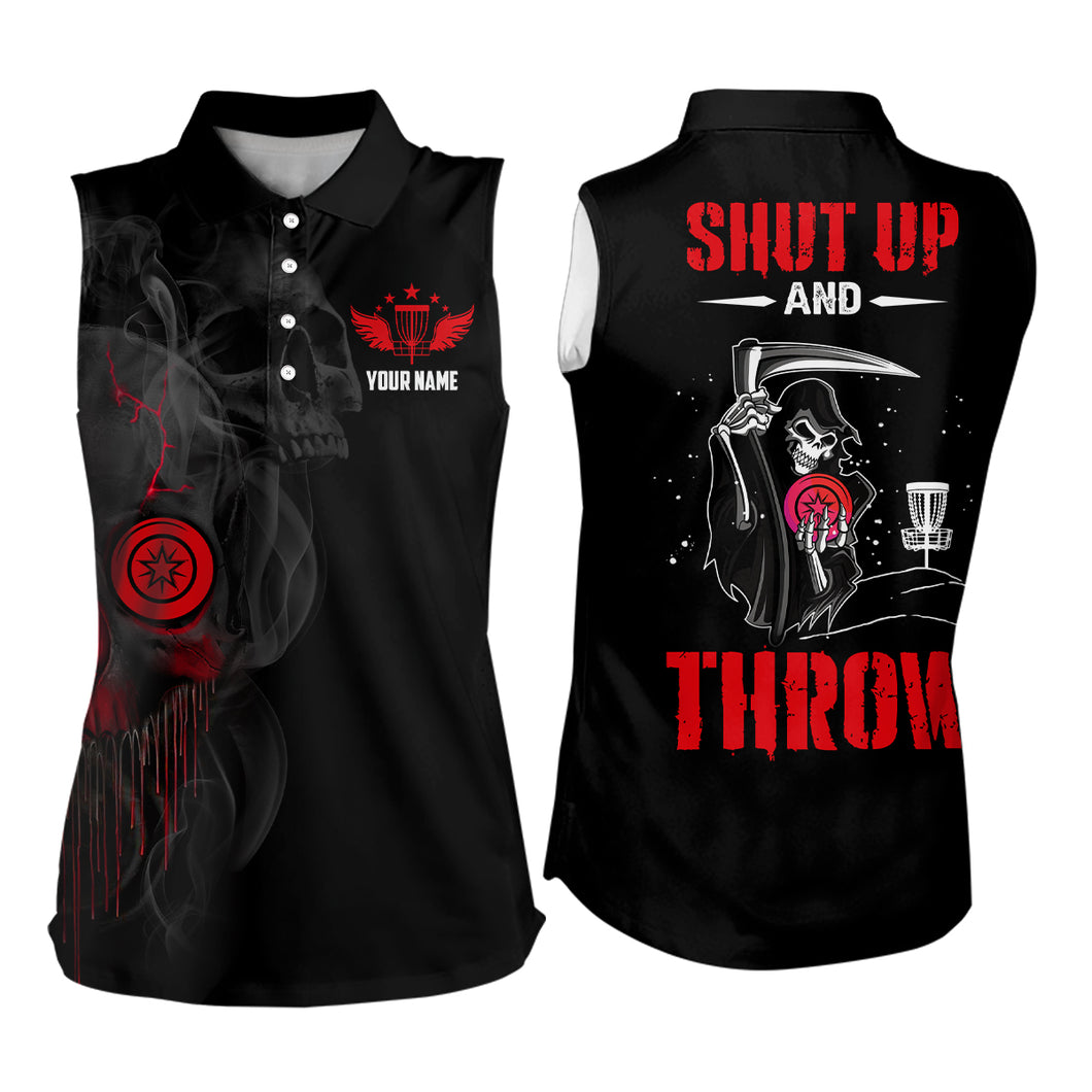Custom Shut Up And Throw Smoky Skull Red Disc Golf Sleeveless Polo Shirts Scary Golf Gifts For Women LDT0452