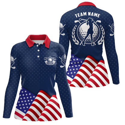 Custom Womens Golf Polo Shirts With Waving American Flag, Patriotic Us Golf Shirts For Women LDT0189