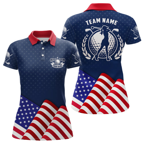 Custom Womens Golf Polo Shirts With Waving American Flag, Patriotic Us Golf Shirts For Women LDT0189