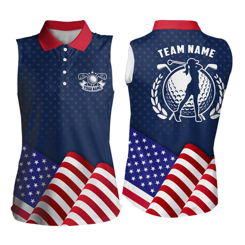 Custom Womens Sleeveless Golf Polo Shirts With Waving American Flag Patriotic Us Golf Shirt For Women LDT0189