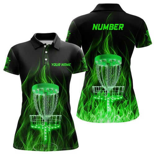 Green Fire Flame Disc Golf Basket Polo Shirts Custom Disc Golf Shirts For Women Golf Gifts LDT1403