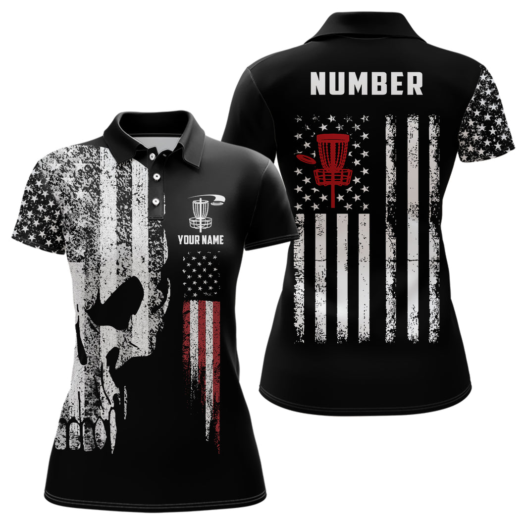 American Flag Skull Disc Golf Polos Custom Patriotic Disc Golf Shirts For Women Golf Gifts LDT1406