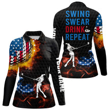 Load image into Gallery viewer, American Flag Swing Swear Drink Repeat Golf Polo Shirts Flame Patriotic Golf Shirts For Women LDT0198