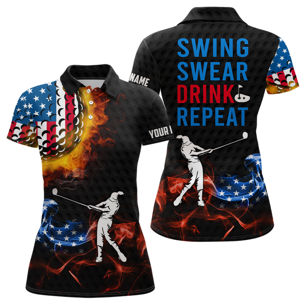 American Flag Swing Swear Drink Repeat Golf Polo Shirts Flame Patriotic Golf Shirts For Women LDT0198