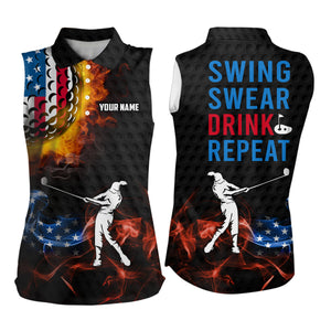 American Flag Swing Swear Drink Repeat Sleeveless Golf Polos, Flame Patriotic Golf Shirts For Women LDT0198