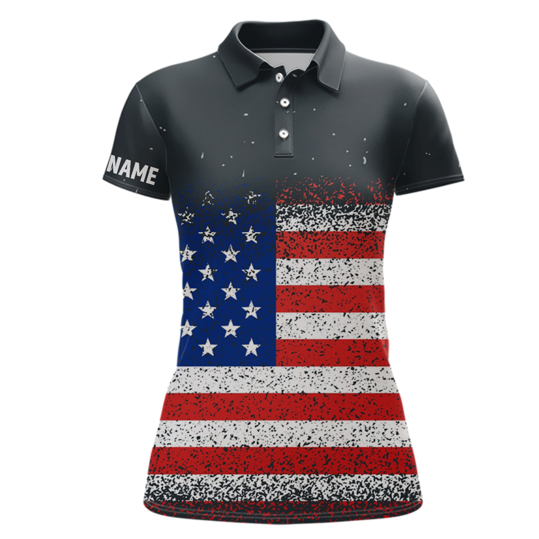 Grunge Vintage American Flag Womens Golf Polo Shirt Custom Patriotic Golf Shirts For Women LDT1420