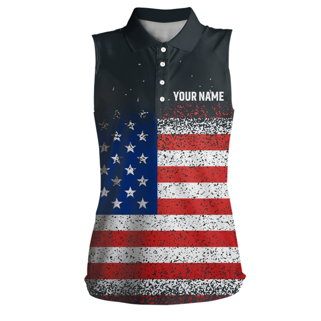 Grunge Vintage American Flag Golf Womens Sleeveless Polo Shirts Custom Patriotic Golf Shirts For Women LDT1420