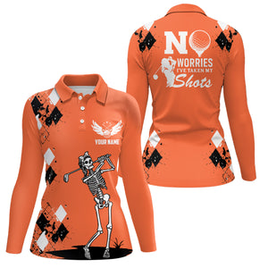 Womens Skull Golf Polo Shirt Argyle Pattern Orange Golf Shirt For Ladies Halloween Golf Gifts LDT0479