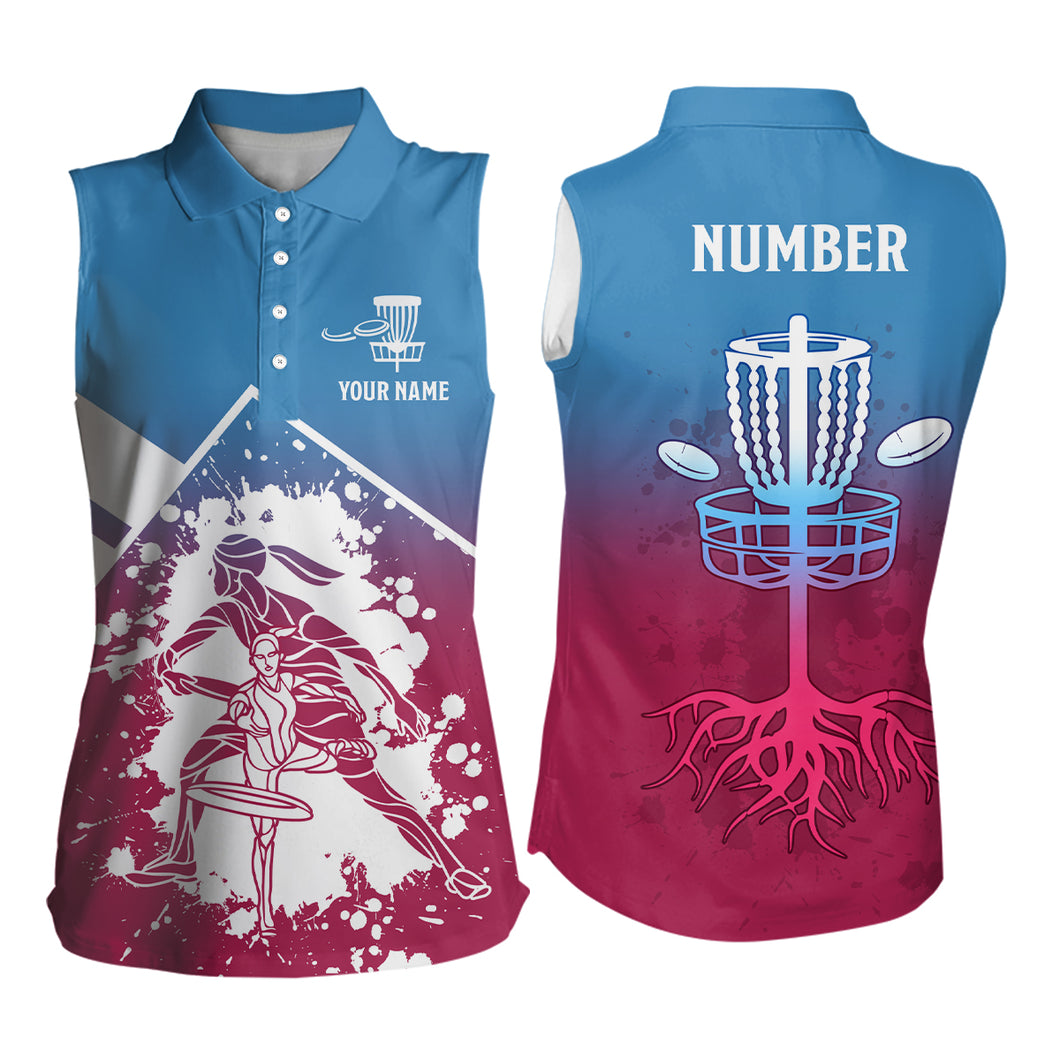 Pink Blue Silhouette Womens Disc Golf Sleeveless Polo Shirt Custom Disc Golf Shirts Disc Golf Jerseys LDT1013
