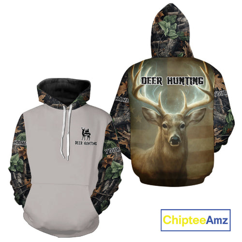Deer Hunting American Flag Camo Hoodie, Long Sleeve Shirt – Buck Head Graphic NHT01