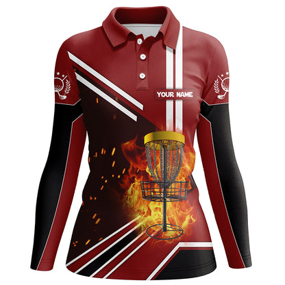 Disc Golf Basket On Fire And Water Red Polo Shirts Custom Flame Disc Golf Shirts For Women LDT0222