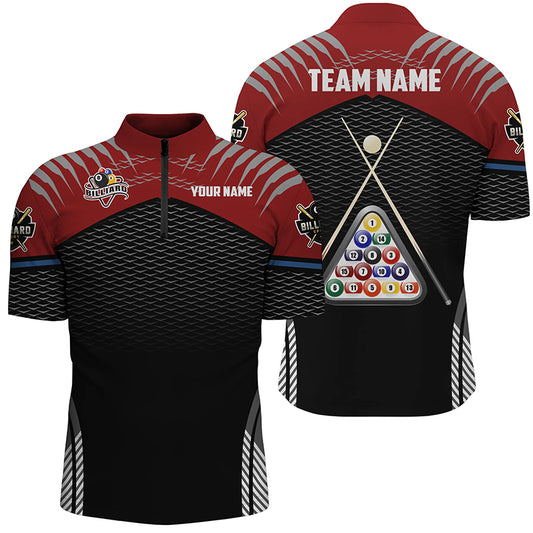 Personalized Sport Red Black 8 Ball Billiard 3D Quarter-Zip Shirts For Men, Billiard Balls Jerseys VHM1025