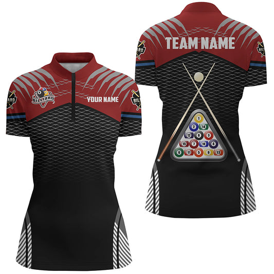 Personalized Sport Red Black 8 Ball Billiard 3D Quarter-Zip Shirts For Women, Billiard Balls Jerseys VHM1025