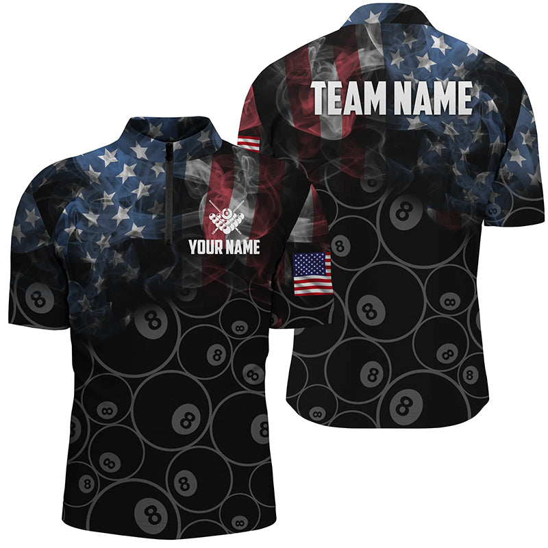 Personalized Vintage Smoke US Flag Billiard Quarter-Zip Shirts For Men, 8 Ball Pool Team Jerseys VHM0695