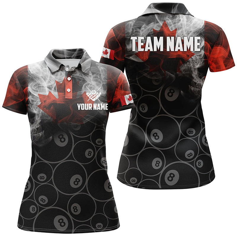 Personalized Vintage Smoke Canadian Flag Billiard Polo Shirts For Women, 8 Ball Pool Team Jerseys VHM0696