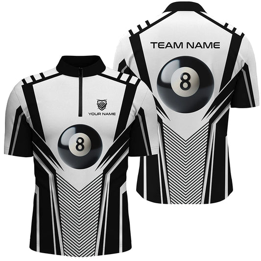 Personalized White Black 8 Ball Billiard 3D Quarter-Zip Shirts For Men, Pool Billiard Balls Jerseys VHM1036