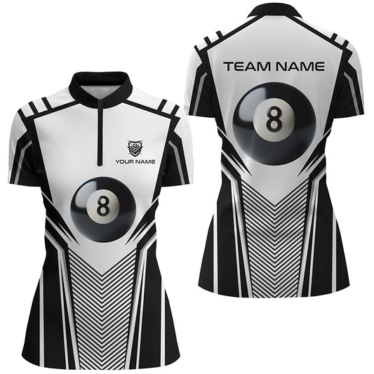 Personalized White Black 8 Ball Billiard 3D Quarter-Zip Shirts For Women, Pool Billiard Balls Jerseys VHM1036