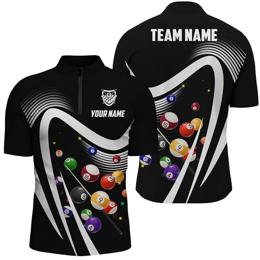 Personalized Black Sport Billiard Balls 3D Quarter-Zip Shirts For Men, 8 Ball Billiard Team Jerseys VHM1046