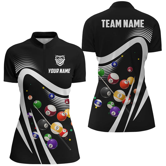 Personalized Black Sport Billiard Balls 3D Quarter-Zip Shirts For Women, 8 Ball Billiard Team Jerseys VHM1046