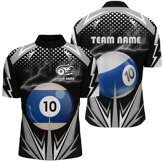 Personalized Thunder Black 10 Ball Billiard 3D Quarter-Zip Shirts For Men, 10 Ball Billiard Jerseys VHM0966