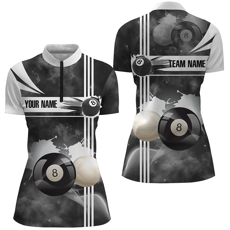 Personalized 8 Ball Pool Black White Billiard Quarter-Zip Shirts For Women, Custom Pool Balls Jerseys VHM0559