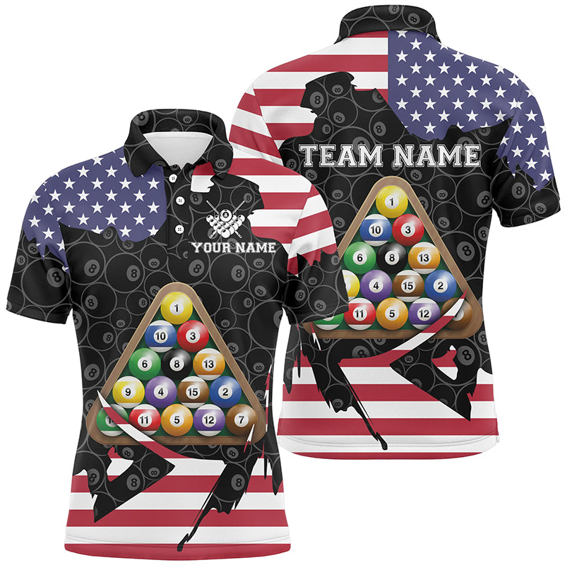 Personalized US Flag Billiard Balls Polo Shirts For Men, Custom 8 Ball Pattern Billiard Jerseys VHM0150