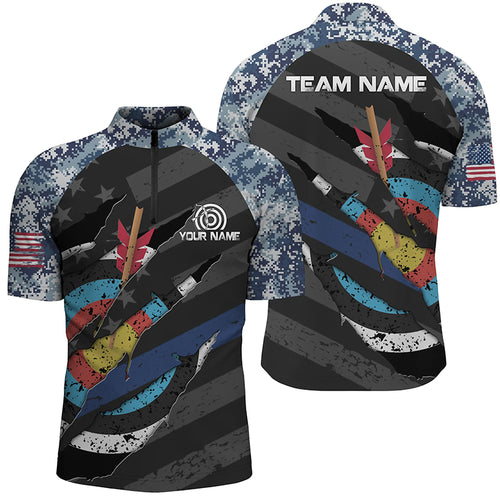 Personalized Retro Camo Target Archery 3D Quarter-Zip Shirts For Men Custom US Flag Archery Jerseys VHM0595