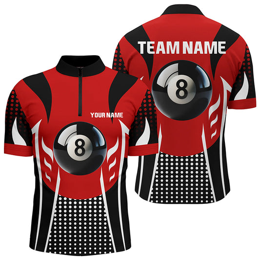 Personalized Red Black 8 Ball Billiard 3D Quarter-Zip Shirts For Men, Billiards 8 Ball Pool Jerseys VHM1037