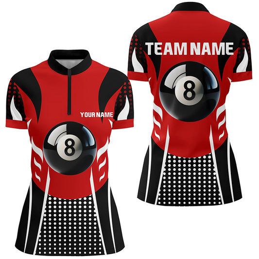Personalized Red Black 8 Ball Billiard 3D Quarter-Zip Shirts For Women, Billiards 8 Ball Pool Jerseys VHM1037