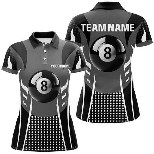 Personalized White Black 8 Ball Billiard 3D Polo Shirts For Women, Sport Billiard 8 Ball Pool Jerseys VHM1039